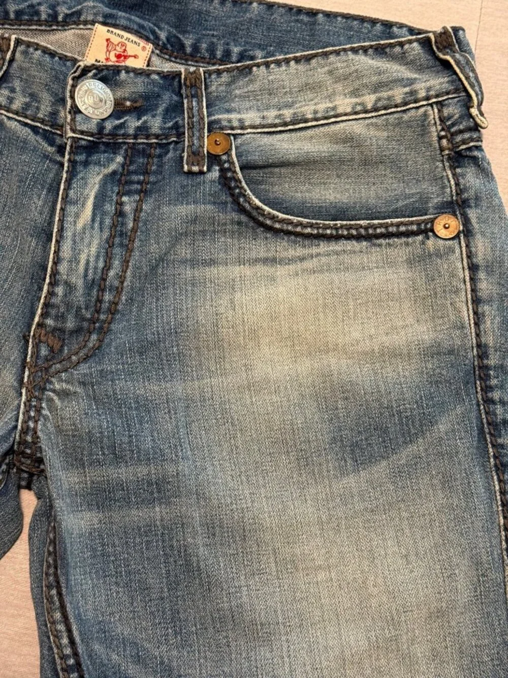 True Religion Mens Ricky Giant Big T Jeans Distressed Light Wash Denim SZ 33